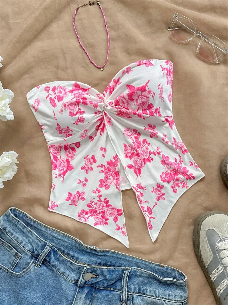 الأزهار طباعة تويست عقدة المحاصيل الأعلى للنساء الصيف مثير قبالة الكتف Ruched صديرية دائرية تانك القمم الشارع الشهير Y2K الملابس #1