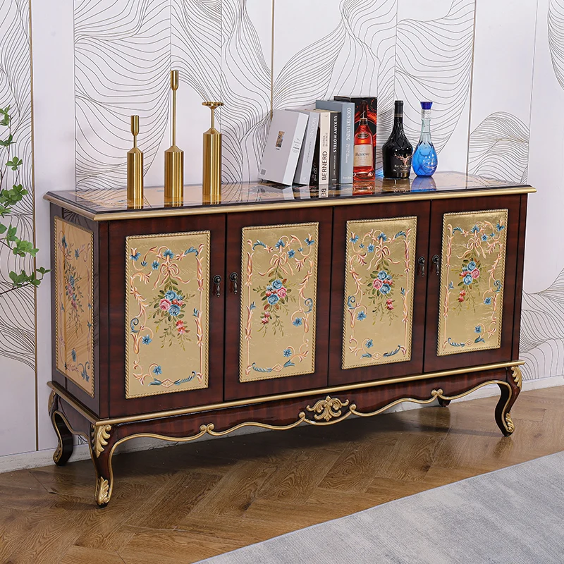Solid wood gold foil hand-painted carved living room entrance cabinet