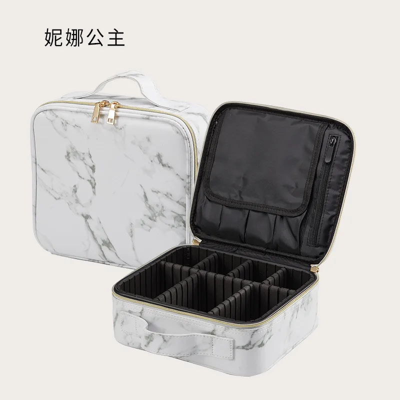Marble-patterned cosmetic bag with dividers, a multi-functional travel organizer, and a portable hand-held cosmetic case