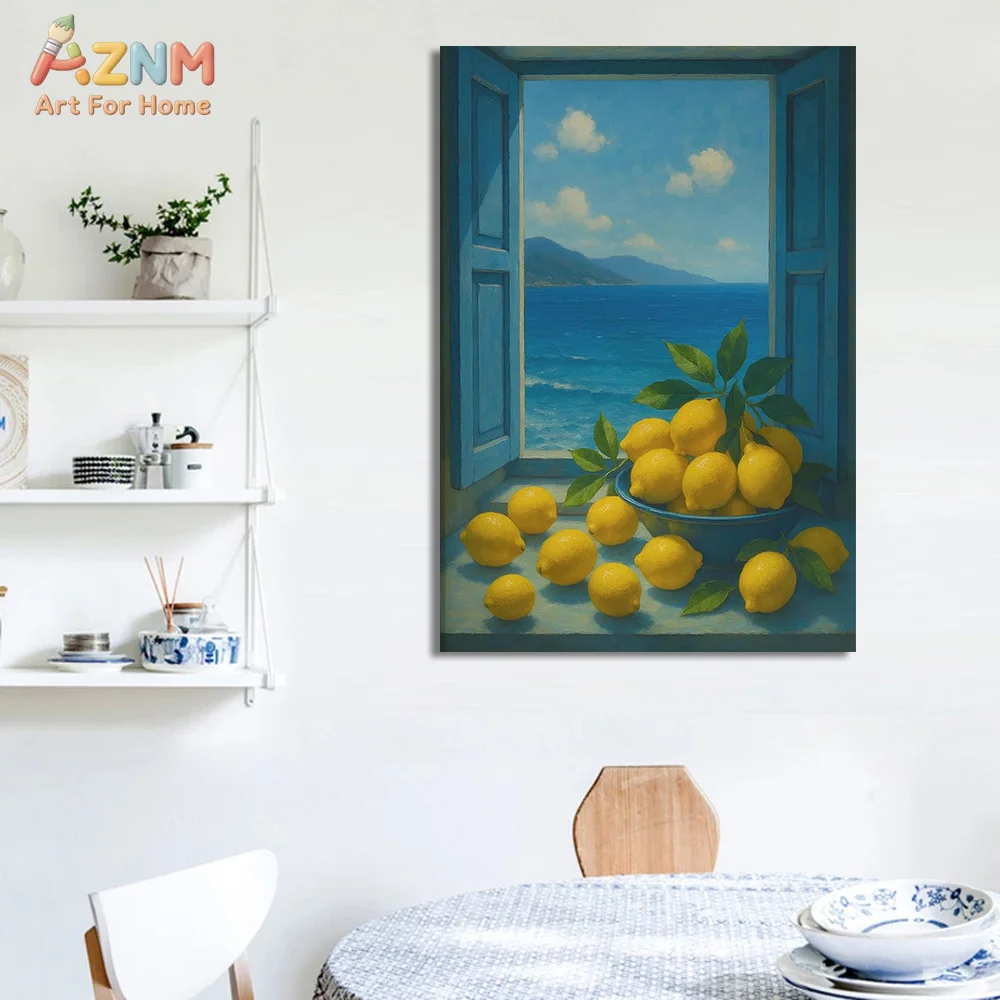 AZNM Mediterranean Lemon Sea View Canvas Wall Art Coastal Window Scenery Print for Summer Home Decor