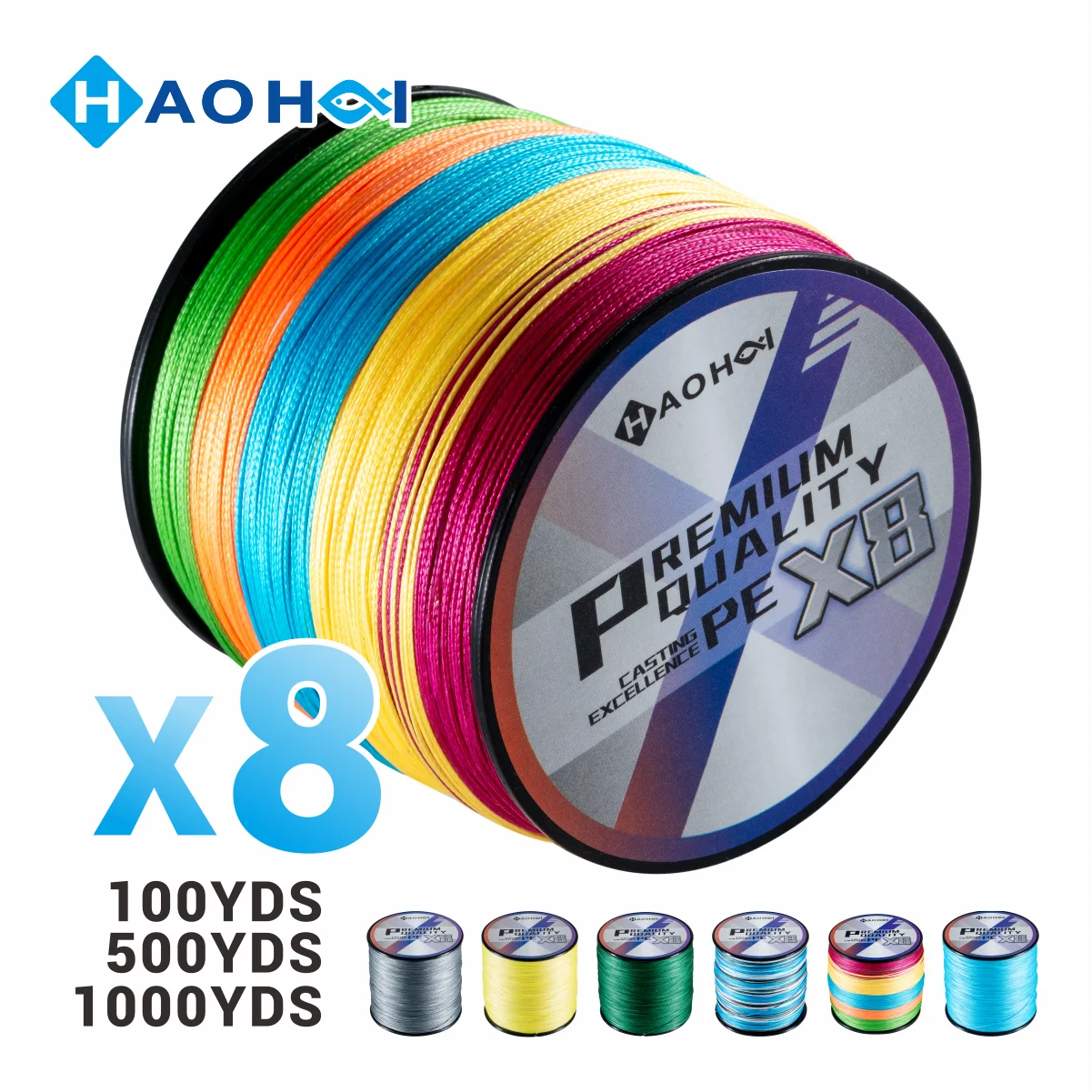 

HAOHAI X8 100YDS 500YDS 1000YDS Braided Fishing Line 8 Strands MultiColor Multifilament Saltwater PE Line 12LB-80LB