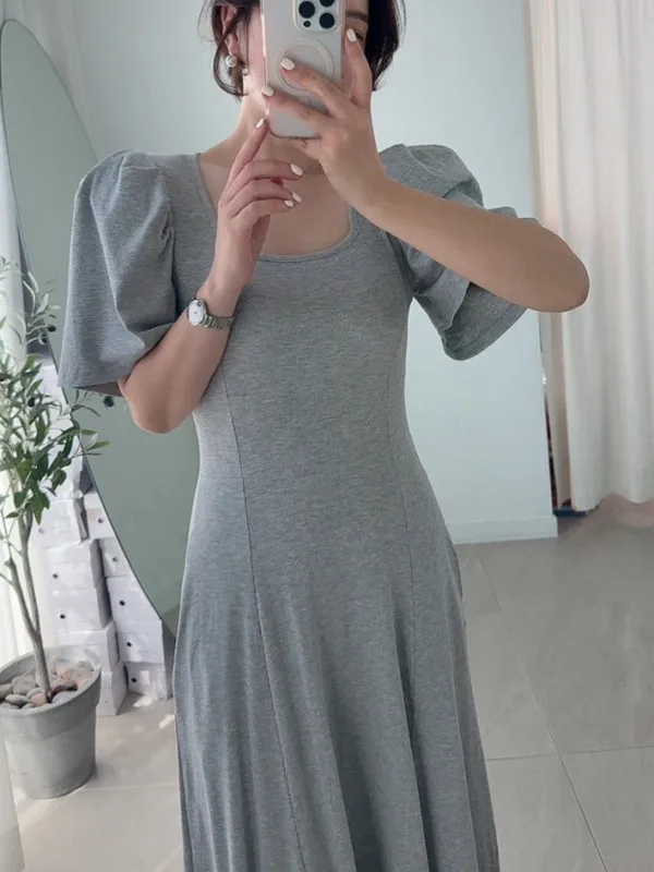 Chic col carré coupe ajustée t-shirt Dr femme douce polyvalente a-ligne jupe longue bulle Sve coton été Dr