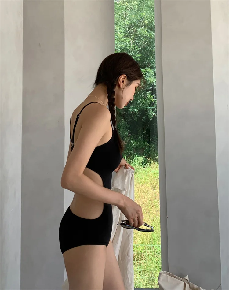 2023 New Korea Style One Piece Swimsuit Simple Backless Sling Swimwear Solid Color Sexy Swimwear Hot Spring Wear Swimming Suit