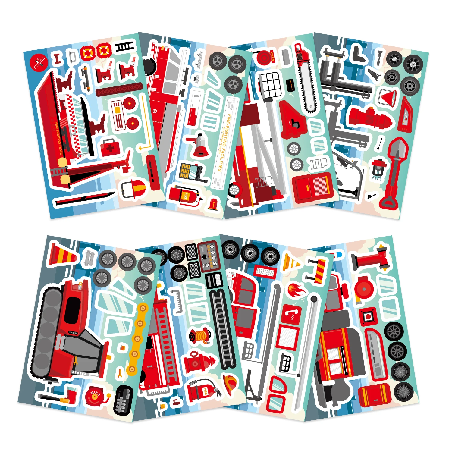 8/16/24 pçs veículos de resgate de combate a incêndio diy quebra-cabeça adesivo veículo engraçado dos desenhos animados montar adesivos brinquedos para meninos meninas presentes