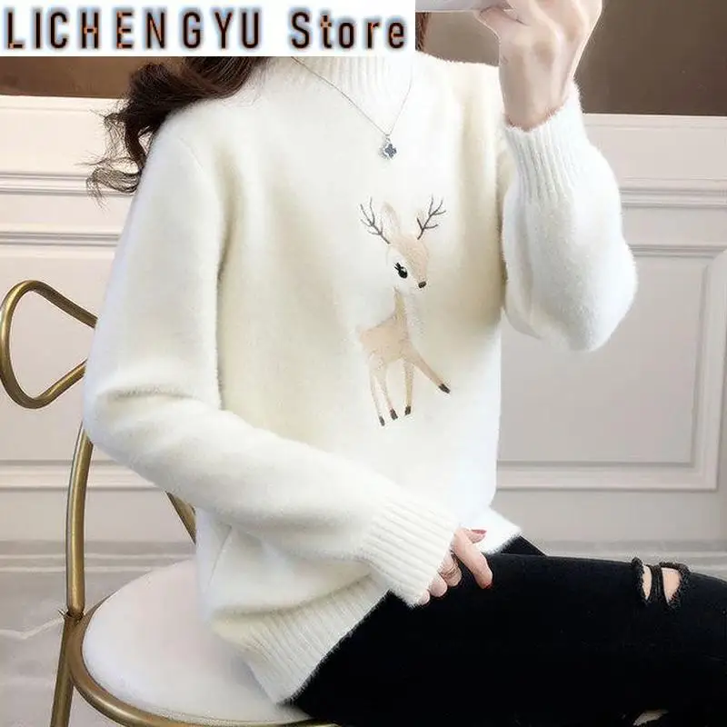 New Christmas Turtlenecks Sweater Deer Embroidery Women Faux Mink Cashmere Pullover Warm Jumper Elegant Party Night Year Tops