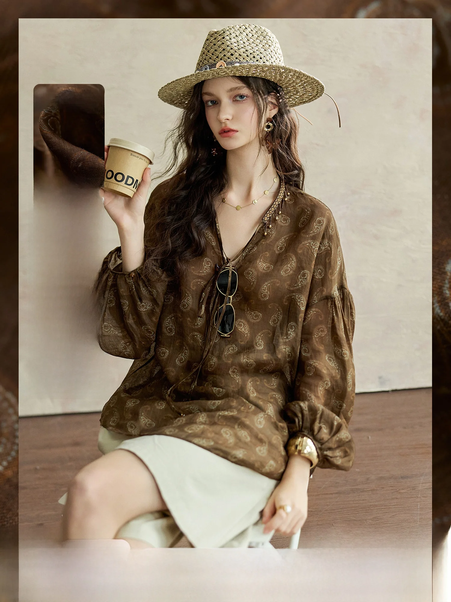 

Classic Seagrass Shirt with Cashew Print Tassel Detailing Breathable Loose Fit Long Sleeve Women's Commute Shirt Pumpkin Valley