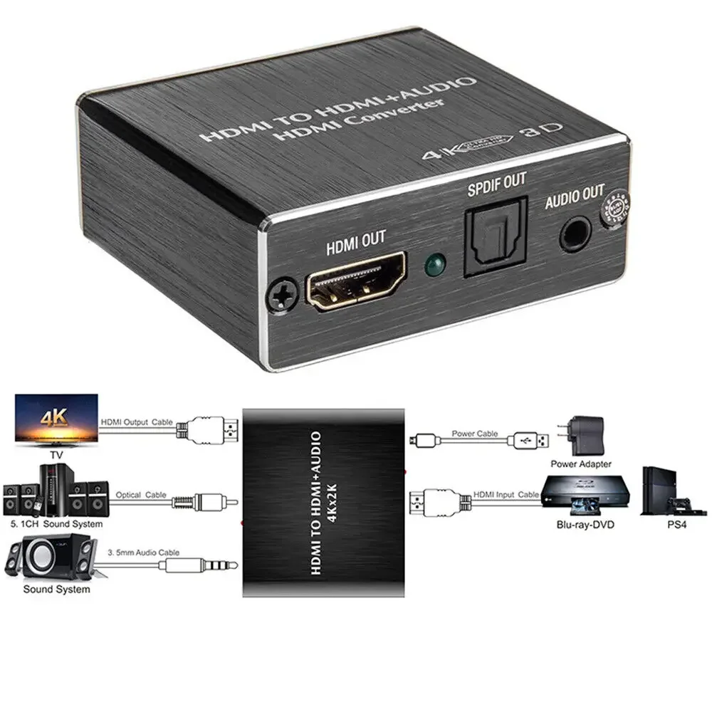 4K * 2K kompatybilny z HDMI stereofoniczny konwerter audio Extractor Adapter kompatybilny z HDMI na HDMI + optyczny SPDIF 3,5 mm dla PS4