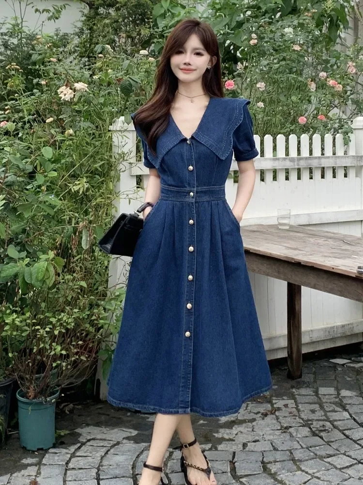 

Temperament Summer Women's Denim Dress Elegant Turn-down Collar Short Sleeve Single Breasted Female Dress