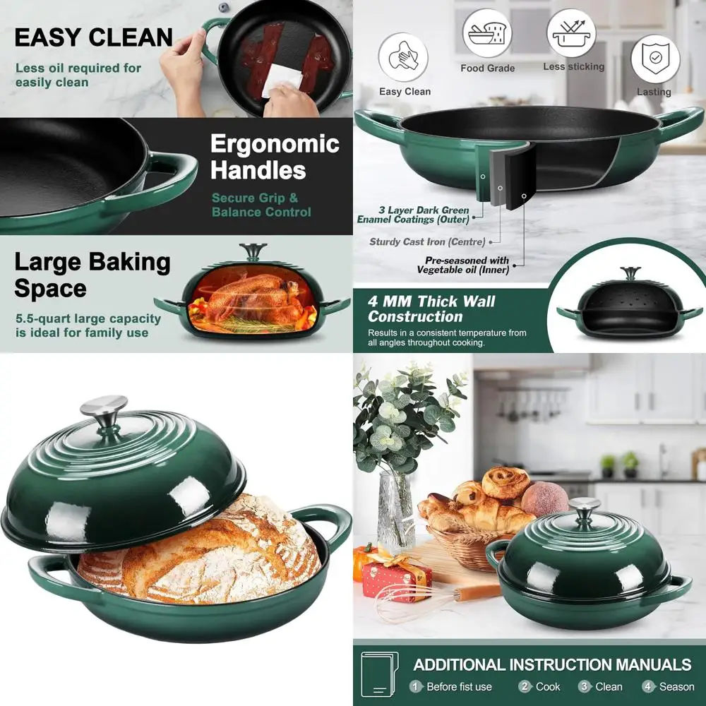 

Enameled Cast Iron Dutch Oven, 5.5 Qt, Dark Green, Ideal for Sourdough Bread Baking