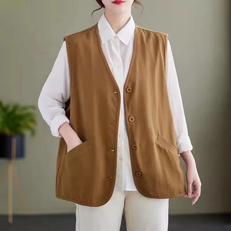 

Casual Work Clothes Women 2024 New Autumn Literary Oversized Waistcoat Cotton Vest Jackets Loose V-Neck Buttons Sleeveless Tops