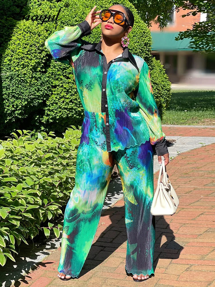 Znaiml Elegant Folding Printed Green Two 2 Piece Sets Women Long Sleeve Shirt and Wide Leg Pants Autumn Loose Vacation Outfits