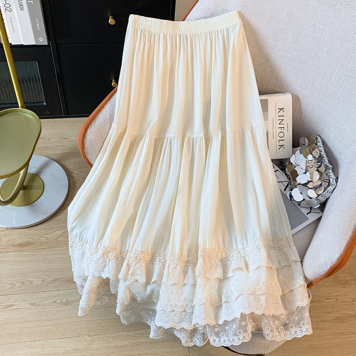 Retro Style Semi-Long Pure Cotton Lace Patchwork Midi Skirt Inner Lined Base Long Skirt  Color Sweet Forest System