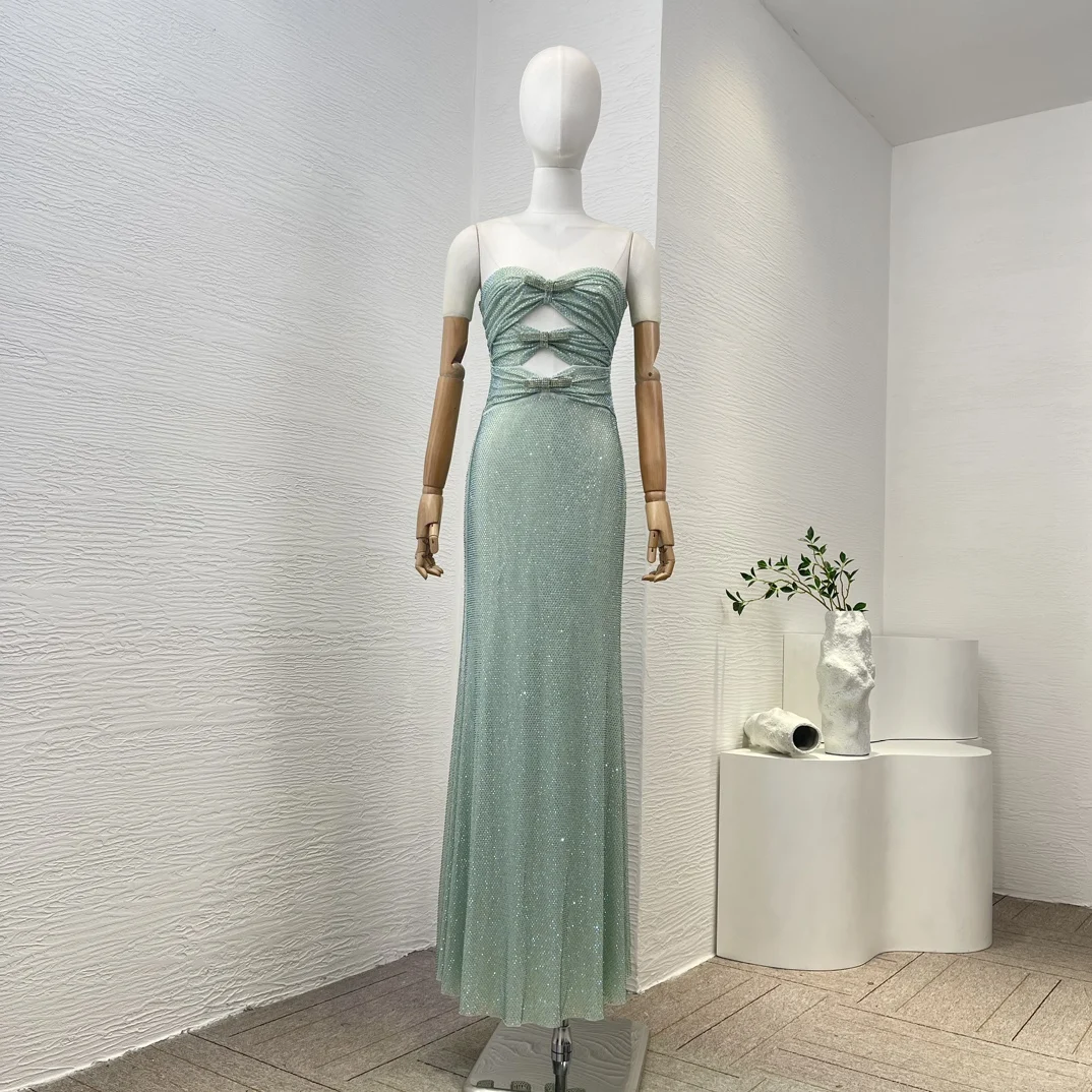 

2023 Latest Collection Luxury Top Quality Green Diamonds Cut Out Folds Sleeveless Women Tube Maxi Dress for Party