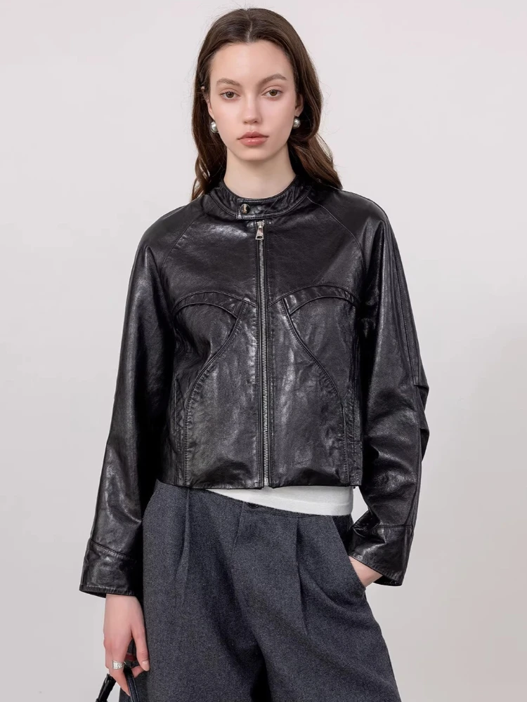 

Casual Short Genuine Leather Jackets for Women Spring Autumn High-end Simple Stand Collar Loose Soft Oil Wax Real Sheepskin Coat