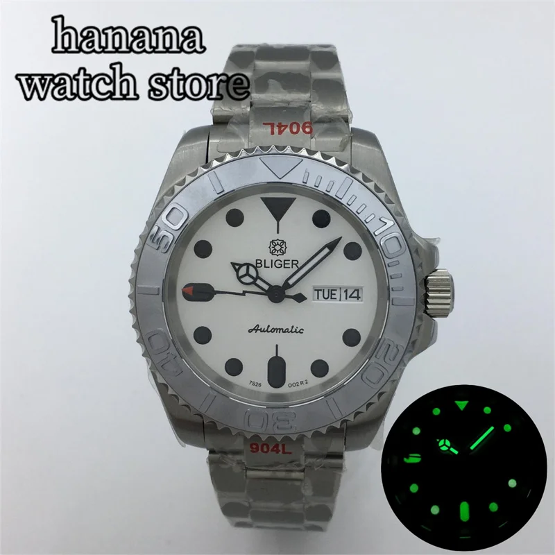 BLIGER 40mm NH36A Automatic Dive Men's Watch 3.8 Crown White Dial Day of the Week Date Luminous AR Sapphire crystal