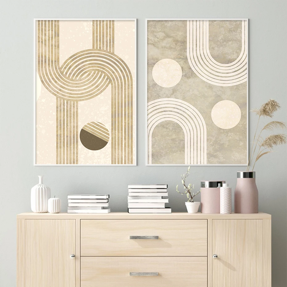 

Abstract Geometric Line Mid Century Wall Art Posters Beige Modern Canvas Painting Print Pictures Living Room Interior Home Decor