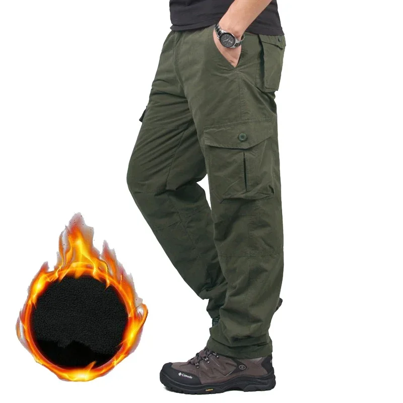 Men's Winter Thicken Fleece Cargo Pants Double Layer Straight Pants Men Casual Cotton Hunting Tactical Baggy Pant Warm Trousers