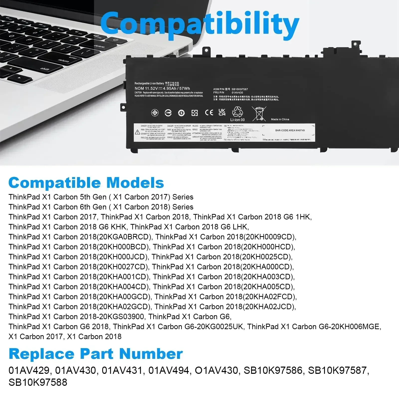 01AV430 Laptop Battery for Lenovo ThinkPadX1 Carbon 5th/6th Gen X1 Carbon 2017/2018 Series SB10K97587 01AV431 SB10K97588 01AV429