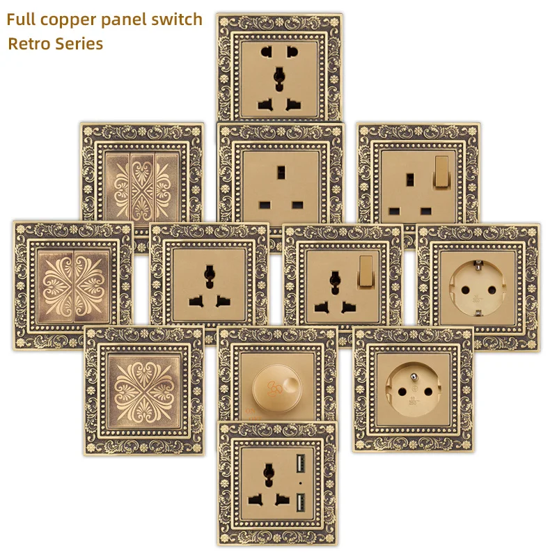 High quality retro European retro wall lamp switch socket,panel pattern engraved brass switch plate, antique copper home switch,