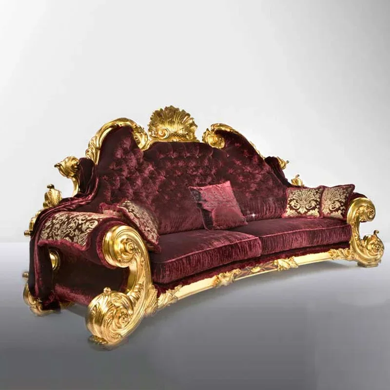 Salon Wood Solid Sofa French Palace Modern Luxury Villa Living Room Gold Foil Red Flannel Sofa Modern Muebles Unique Furniture
