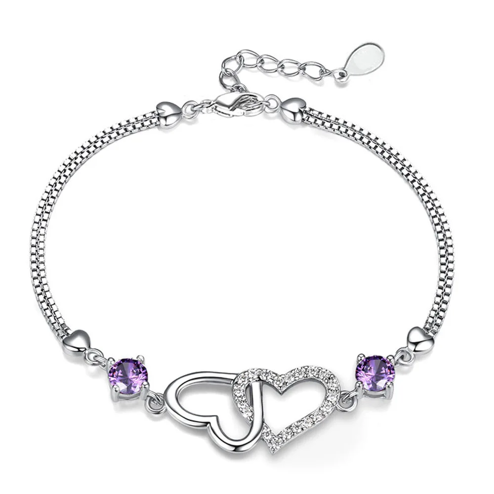 925 Sterling Silver Double Love Heart Zircon Bracelet For Women Wedding Party Fashion Charm Jewelry