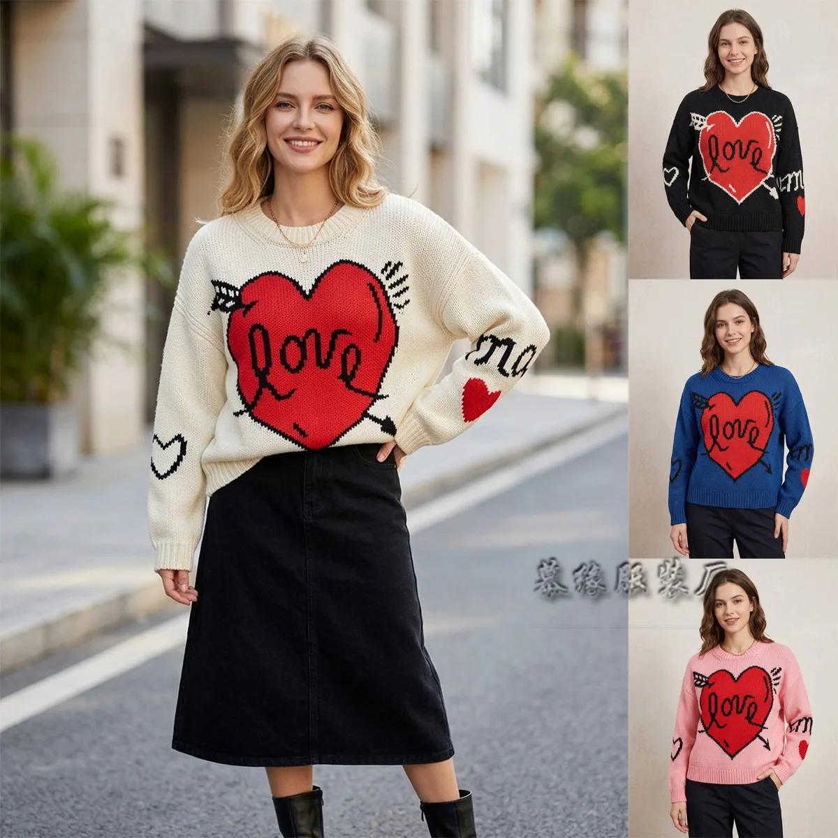2026 Autumn Winter Couple Knit Sweater Round Neck Heart Pattern Long Sleeve Loose Pullover Soft Warm Knit Top Casual Matching