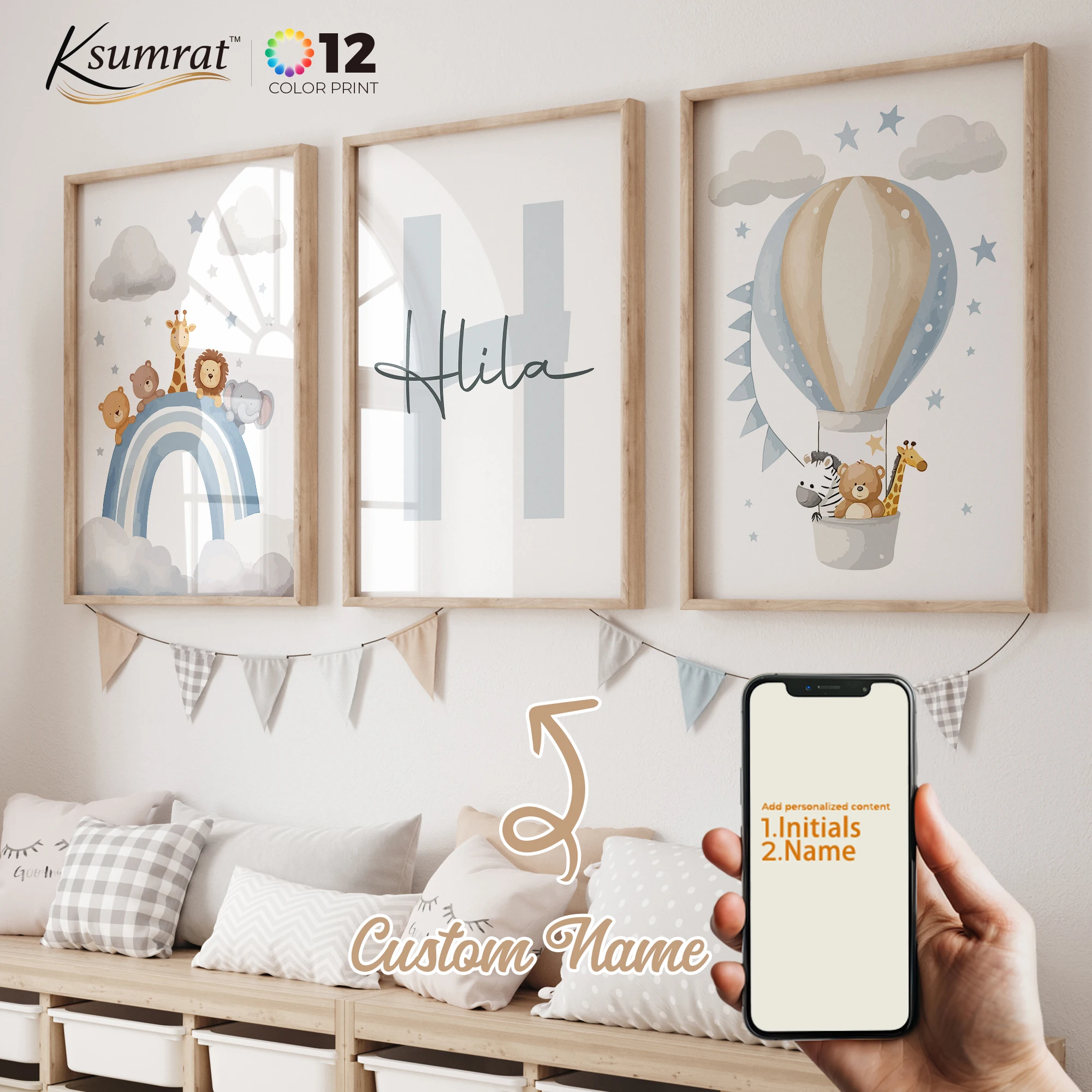 

3pcs Personalized Custom Name Cute Cartoon Hot Air Balloon Wall Art Print Picture For Living Room Kids Boy Room Home Decor Gift