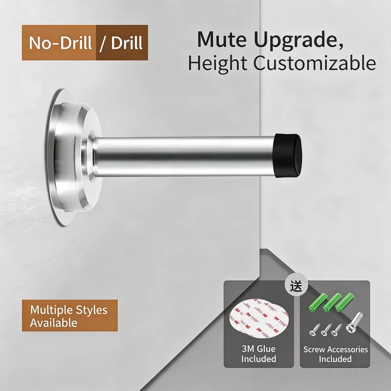 Heavy Duty Stainless Steel Extra Long Door Stop No Punch Anti-collision Door Stopper Rubber Buffer Door Position Limiter