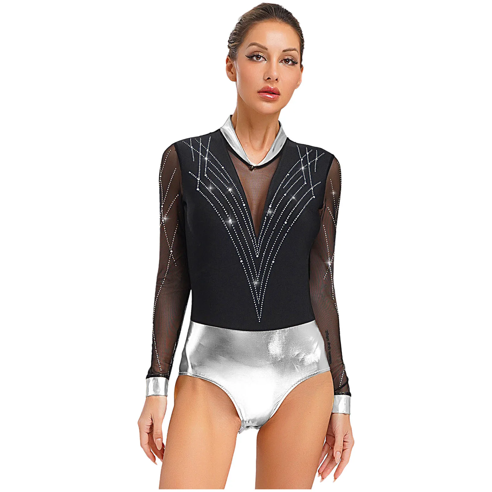 

Women Figure Skating Dance Costume Color Block Metallic Patchwork Shiny Rhinestones Leotard V-Neck Sheer Mesh Ballet Bodysuit