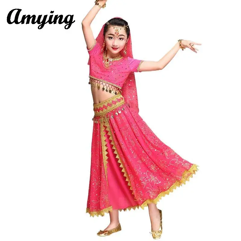 Costume da danza del ventre per bambini Set abbigliamento da prestazione per bambini tuta da allenamento per la danza indiana della ragazza Sari Bollywood Dress