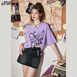 ELFSACK Vintage Cotton T-Shirts Women 2023 Spring/Summer Short Sleeve Basic Daily Tops