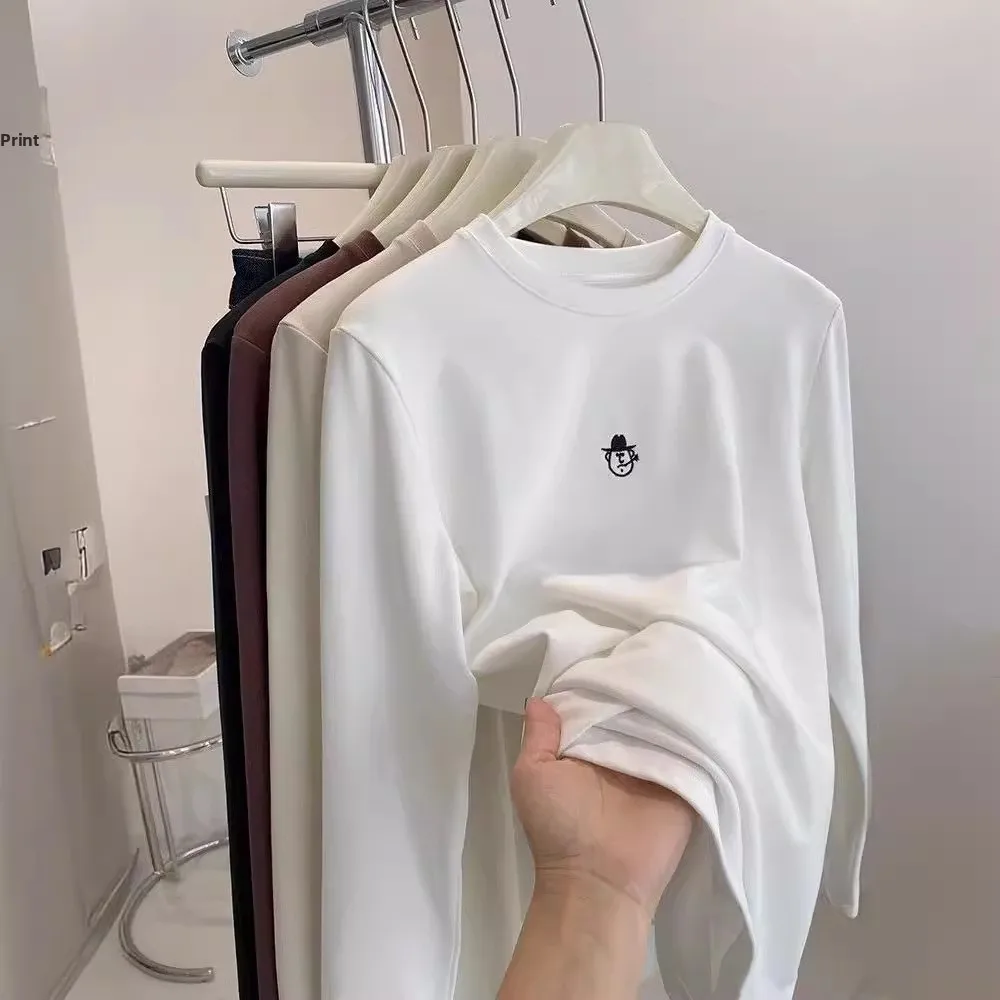 Slimming Effect Velvet Embroidered round Neck Long Sleeve Loose Fit T-Shirt Women Ultra Soft Versatile Overhead Style Trendy