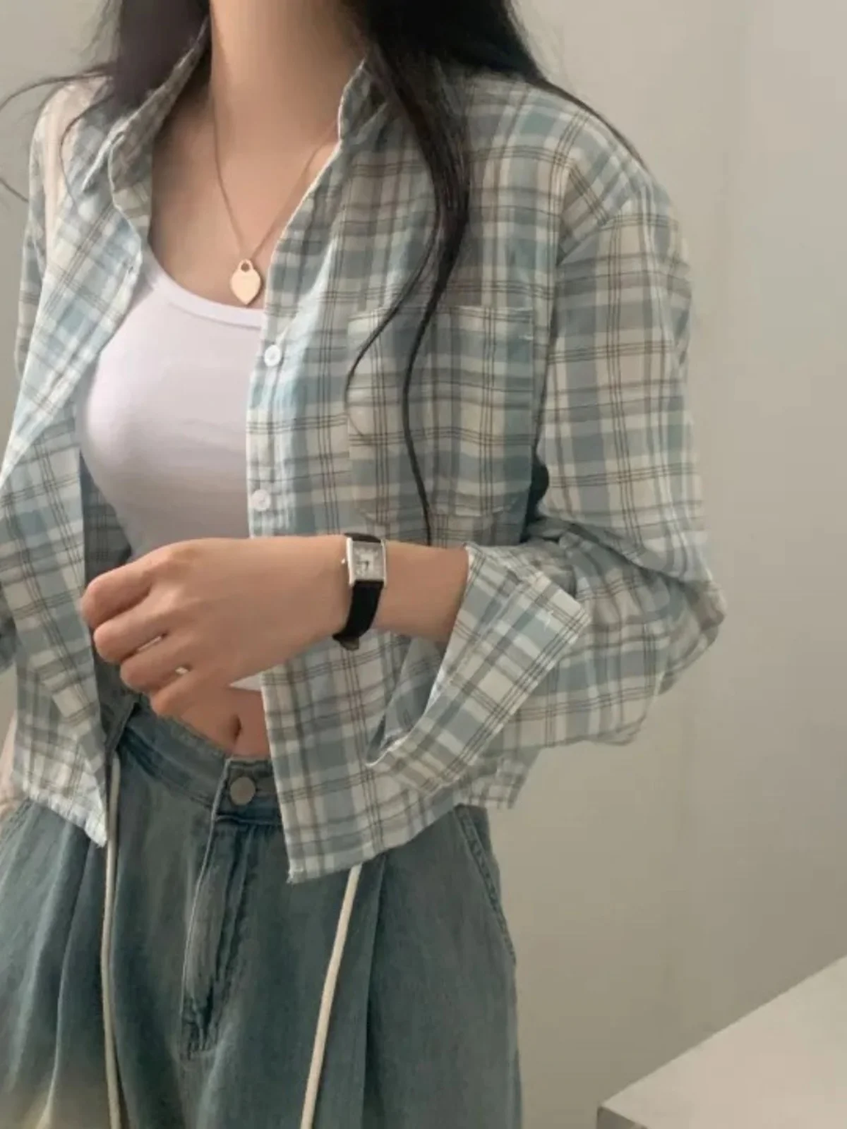 เสื้อโค้ทผู้หญิงลายสก็อตสีน้ำเงินทรงหลวม แขนยาว สไตล์เกาหลี ดีไซน์วินเทจ สำหรับต้นฤดูใบไม้ร่วง รุ่นใหม่