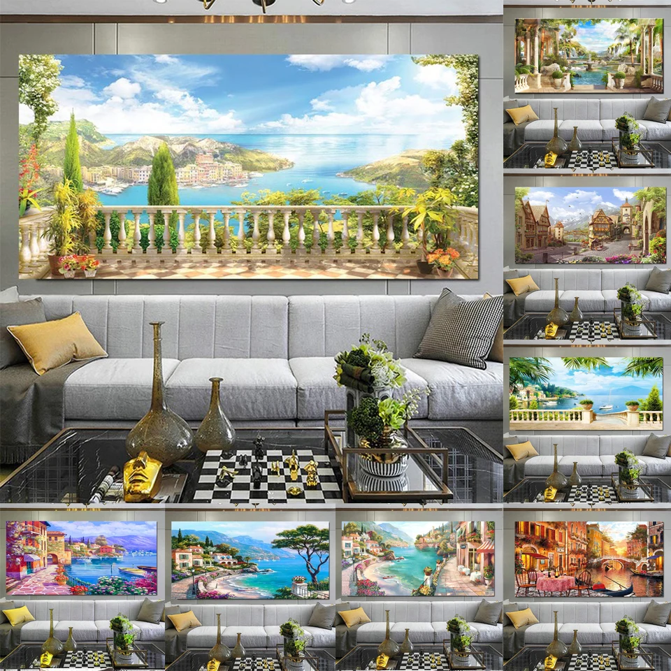 Large Mediterranean Garden Villa Sea Natural Landscape Diamond Painting New Novelty Full Drill diy Diamond Embroidery Art Q14