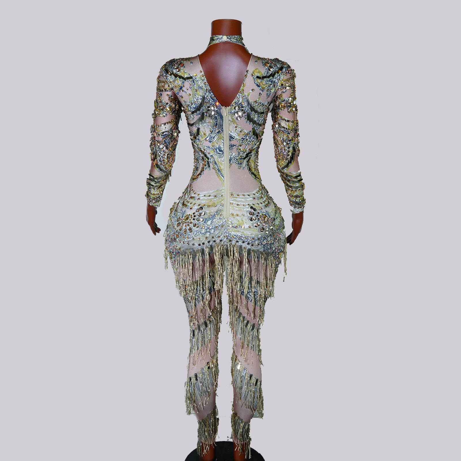 Full Gold Rhinestones Jumpsuits Sexy Printed Tassels Drag Queen Costume Dance Show Women Wear Singer Birthday Performace Outfit