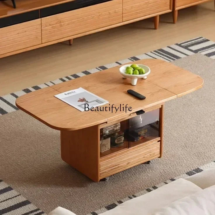 

NNNEWLifting Folding Coffee Table Solid Wood Mobile Log Wind Living Room Small Apartment Sofa Side Table