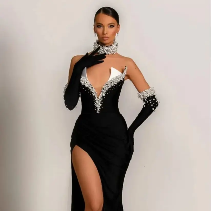 

Luxury Pearl Beading Necklace Fashion Golves Black Velvet Strapless Floor Length Dress Celebrity Party Dress Birthday Vestido