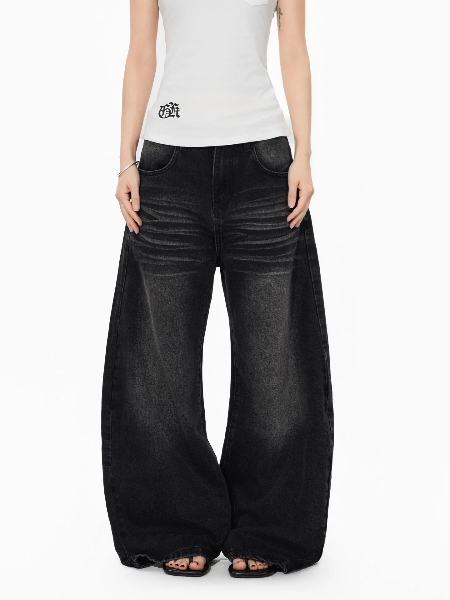 

Джинсы свободного кроя из денима с широкими штанинами для мужчин и женщин S3T5, повседневные, универсальные, черные, с эффектом потертости