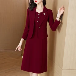 Autumn Winter Red Long Sleeve Midi Suit Dress Women Fashion Patchwork Fake Two Piece Dress 2024 New Korean Elegant Bodycon Dress