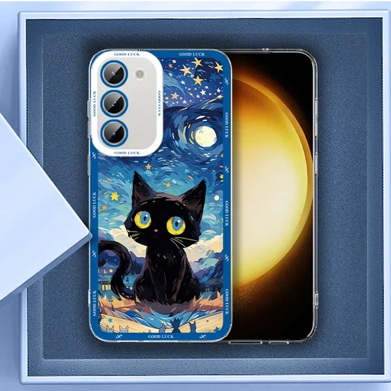 Starry Sky Black Cat Phone Case For For Samsung Galaxy S24 S23 S22 Plus Ultra Clear Cover For Galaxy S23+ S22+ S24+ Shell Fundas