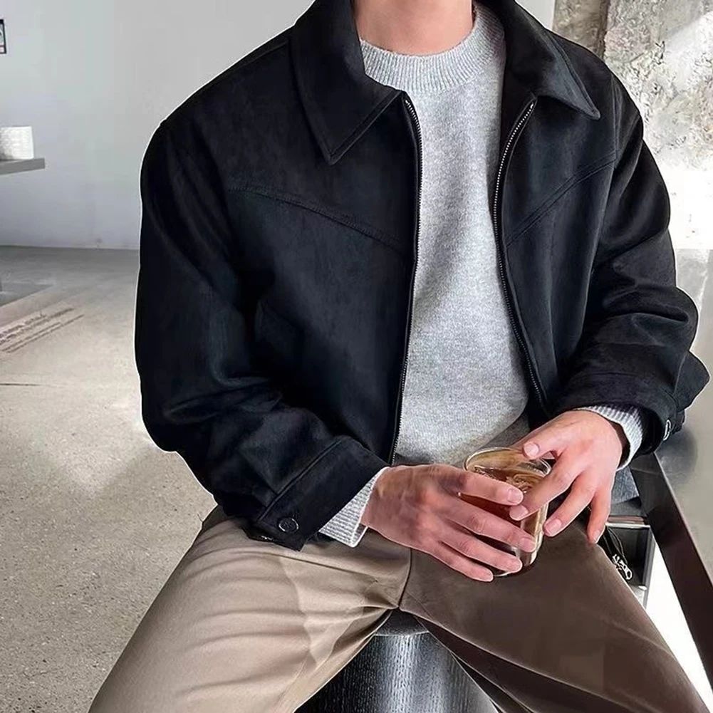 Cropped Lapel Coat Men Suede Jacket Vacation Style Slight Stretch Fabric Solid Color Style Vacation Wear Holiday Attire