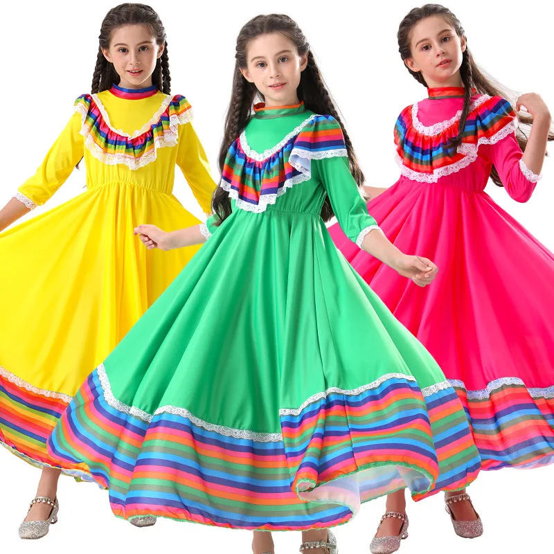 Mexikanische Tanzkostüme für Frauen im Ethno-Stil, Party- und Bühnenkostüme, Langer und Weiter Swing-Jumpsuit, Tanzrock