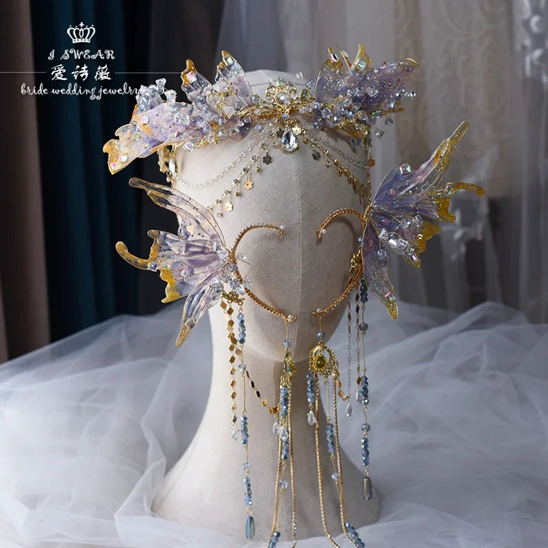 Chinese Wedding Liquid Flower Crystal Mermaid Princess Crown Hair Accessories Hanfu Head Accessories Purple Crystal Headdress
