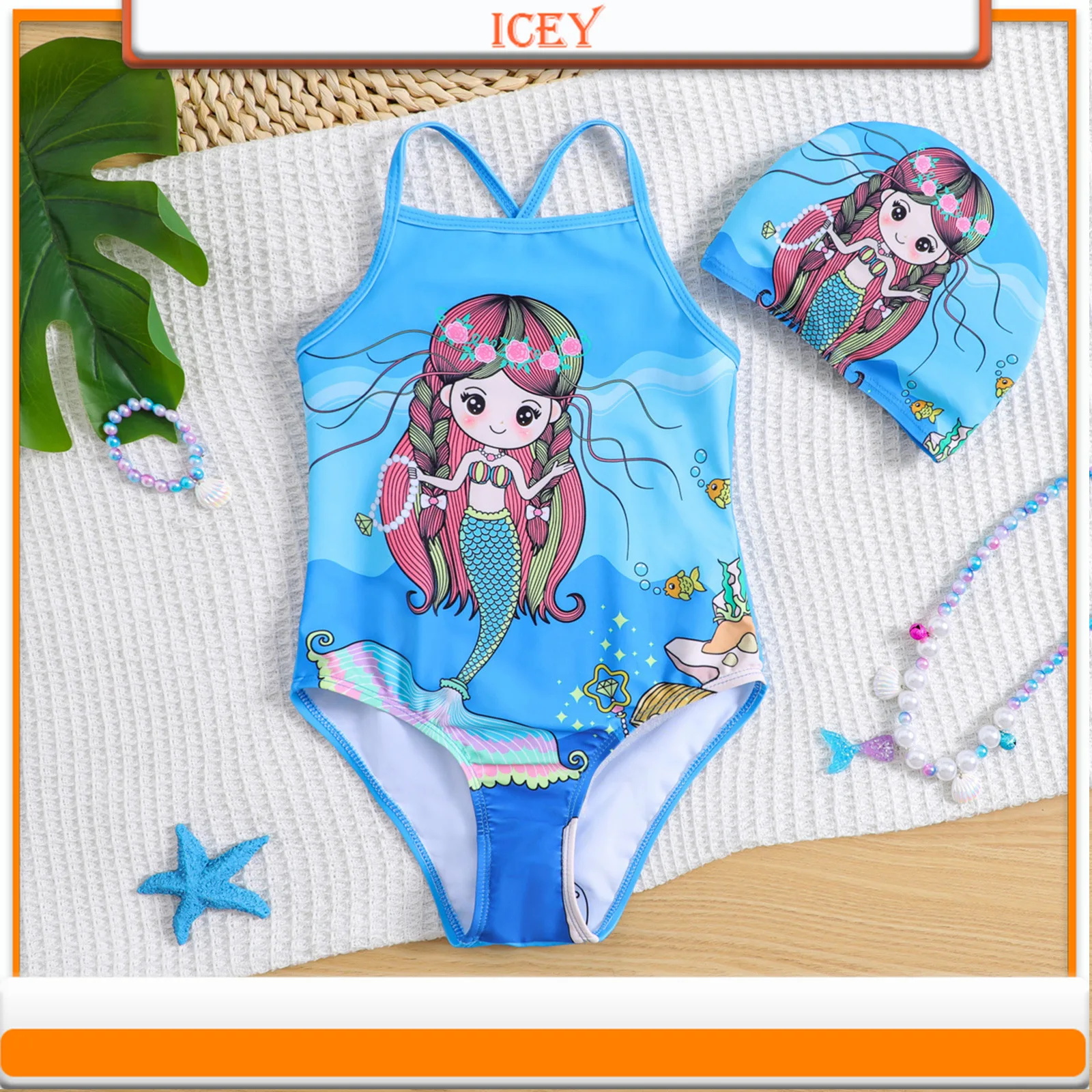 

Children's Mermaid Print Baby Girl One-piece Suspender Bikini Swimsuit Children One-Piece Suits