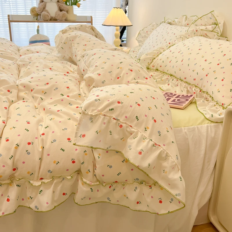 

2025 Princess Bedding Set Ruffle Lace Duvet Cover Fitted Sheet Wash Cotton Twin King Size Bedding Set Romantic постельное белье