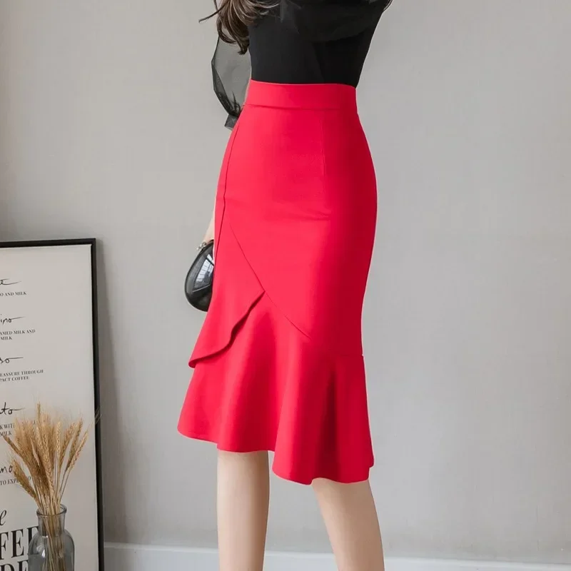 Oversized Ruffles Black Skirts Womens 2025 Korean Fashion High Waist Pencil Skirt Women Clothes Elegant Office Bodycon Red Skirt