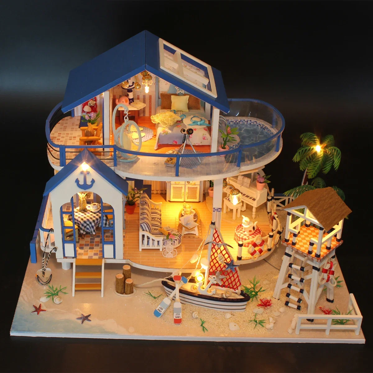 

Model Building Kit Assembly Seaside Villa DIY Doll House Miniature Handmade 3D Puzzle Toy Home Creative Room Bedroom Decoration