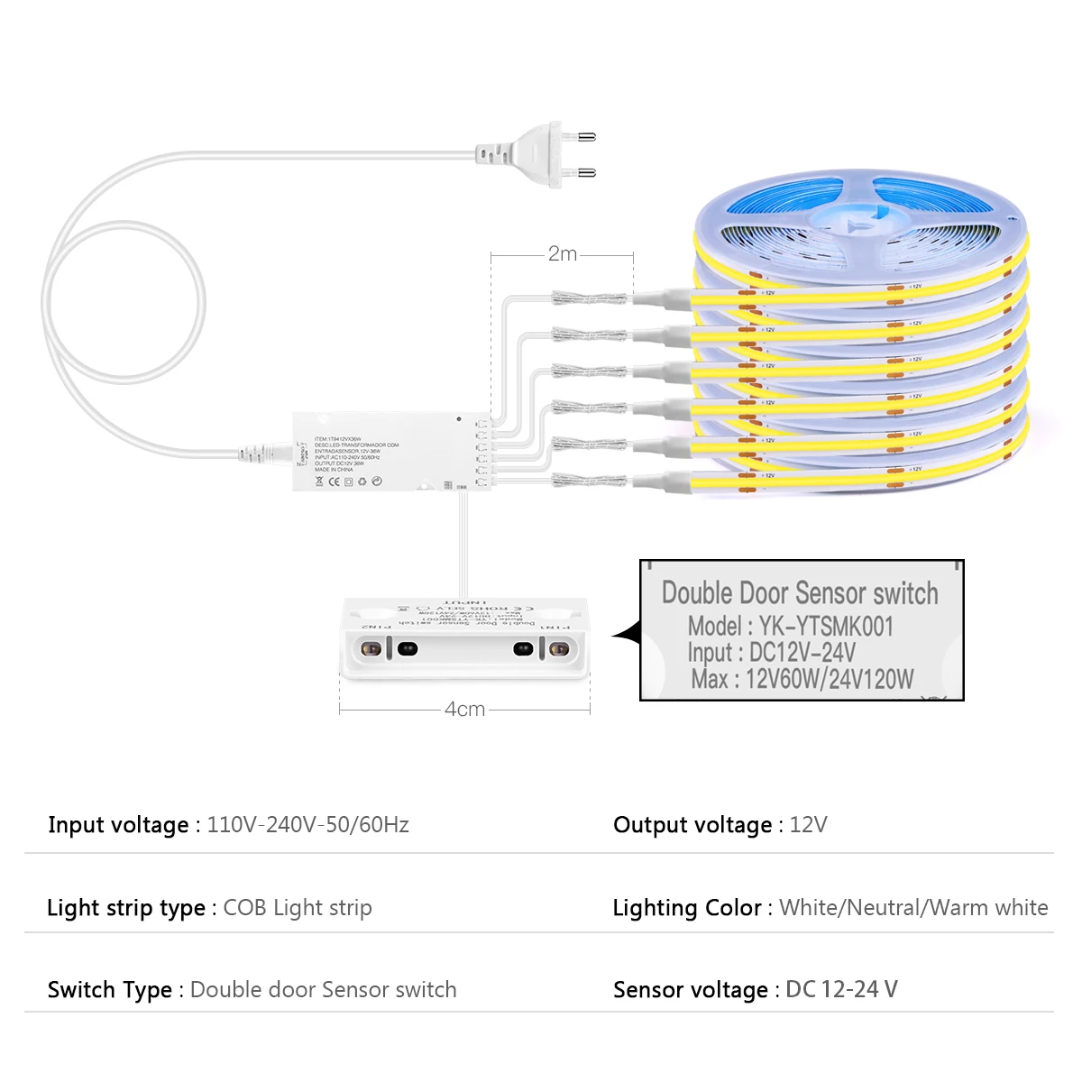 Door Control COB LED Strip Cabinet Light IR Proximity Sensor AC 220V To DC 12V European Standard Plug Smart Closet Wardrobe Lamp