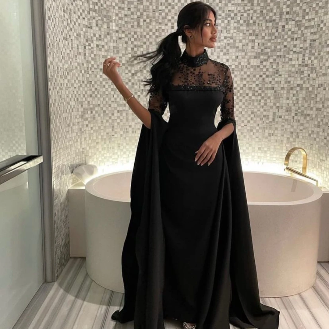 Meetlove-vestidos de graduación personalizados, hasta el suelo, con cremallera, corte en A, para fiesta de boda, apliques negros, cuello alto, 2023