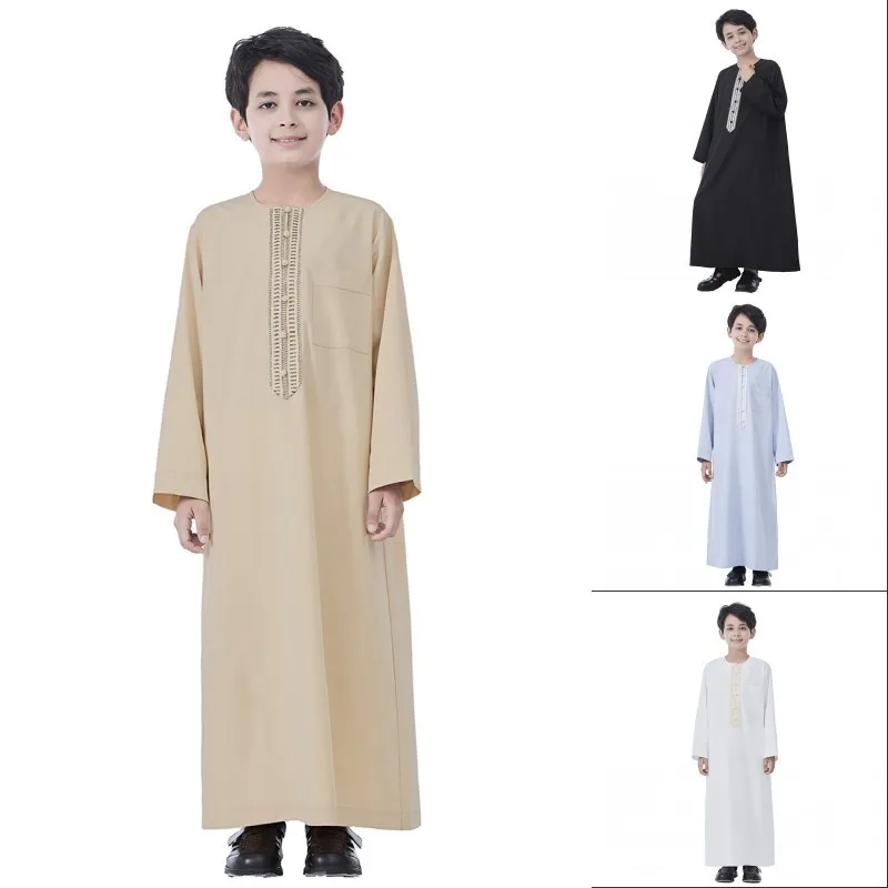 African Muslim Kids Boys Jubba Round Neck Kaftan Thoub Long Robes Dubai Abaya
